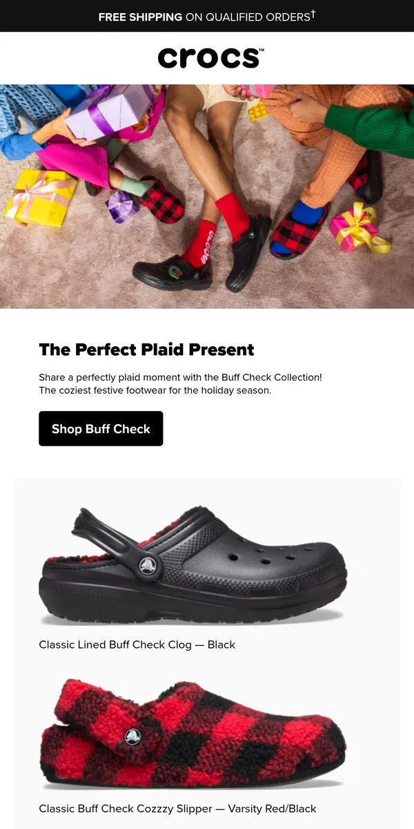 Email from Crocs. Introducing the Buff Check Collection!