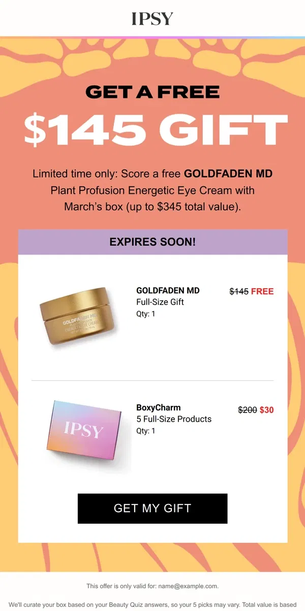 Email from BoxyCharm by IPSY. Inside: your free GOLDFADEN MD gift