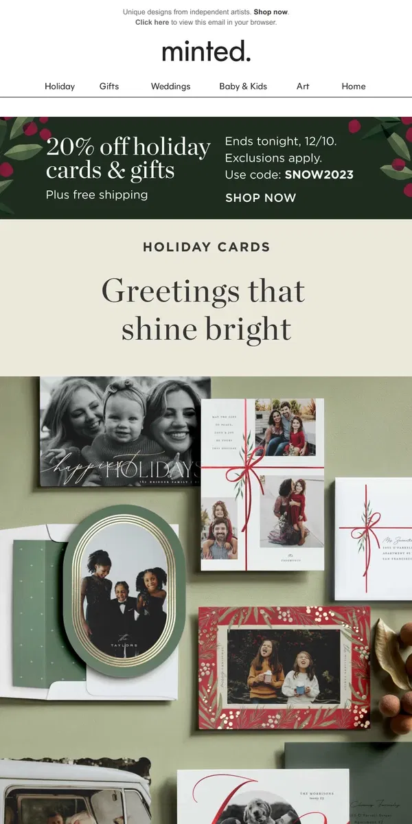 Email from Minted. 20% off hundreds of holiday cards