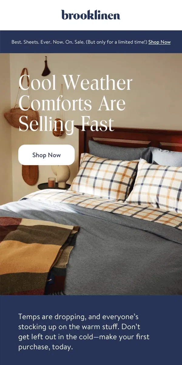 Email from Brooklinen. It's time to change your sheets for winter!