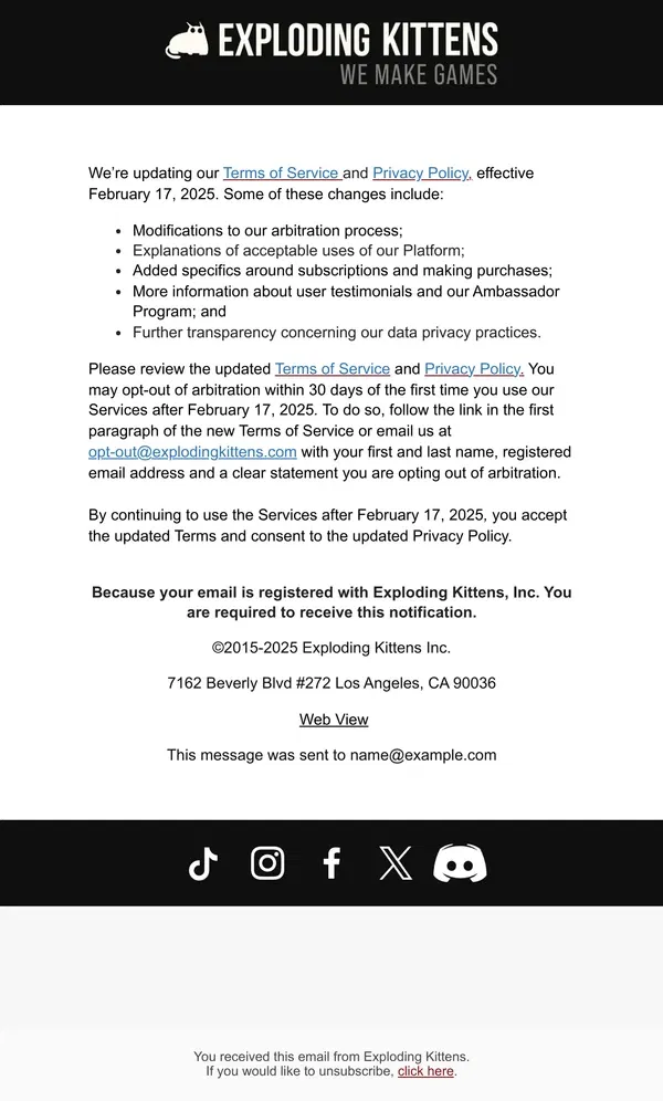 Email from Exploding Kittens. Exploding Kittens Terms of Service and Privacy Policy Updates