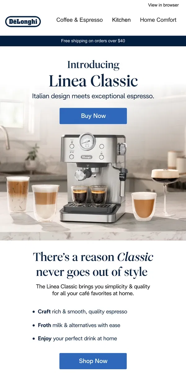 Email from De'Longhi. Unveiling the Linea Classic