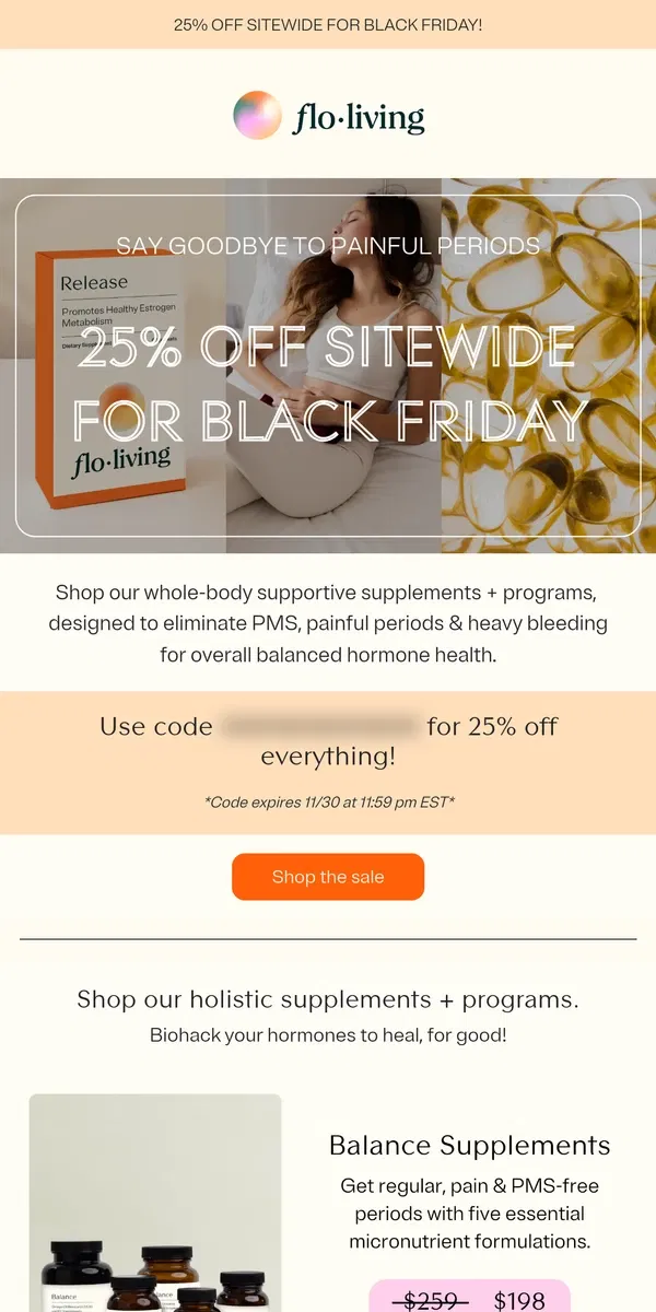 Email from FLO Living. 25% off SITEWIDE for Black Friday! 🧡