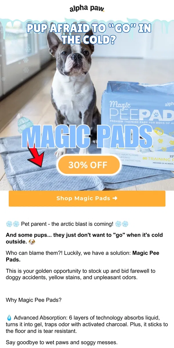 Email from Alpha Paw. ❄️Arctic blast is here! 30% off for pups afraid of cold