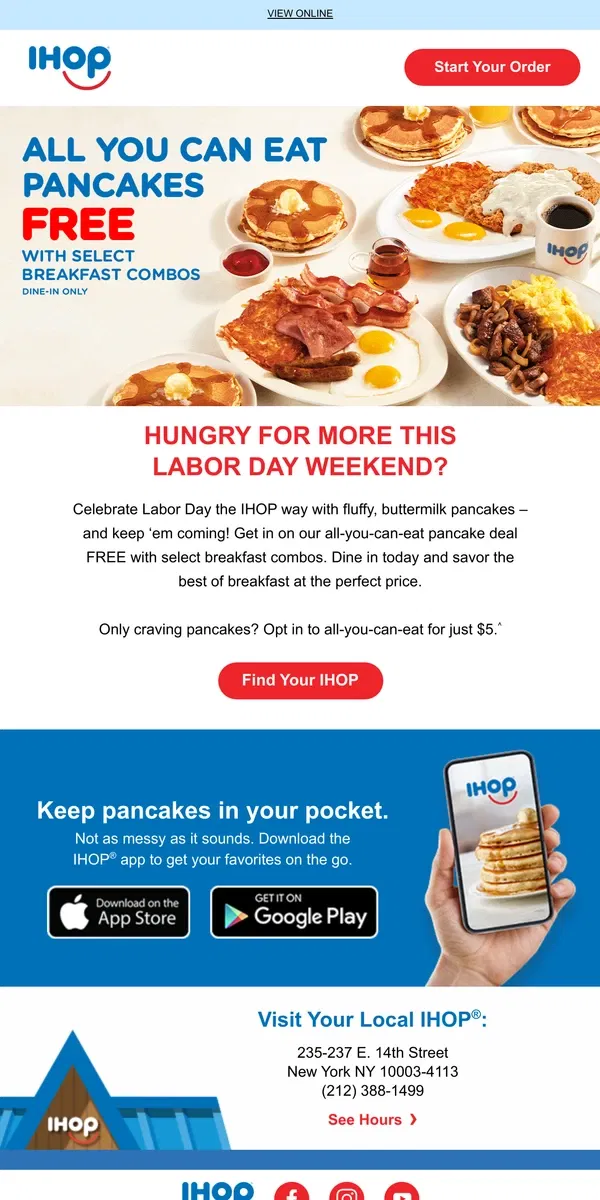 Email from IHOP. Labor Day Plans? FREE AYCE Pancakes with select combos 🥞