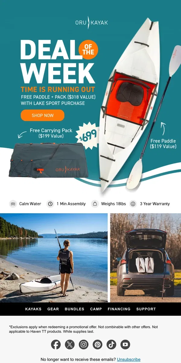 Email from Oru Kayak. Clock's Ticking ⏰ Free Paddle + Pack ($318 Value)