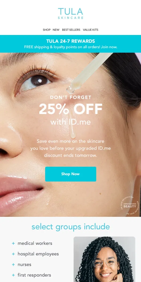 Email from TULA Skincare. 25% off your order!