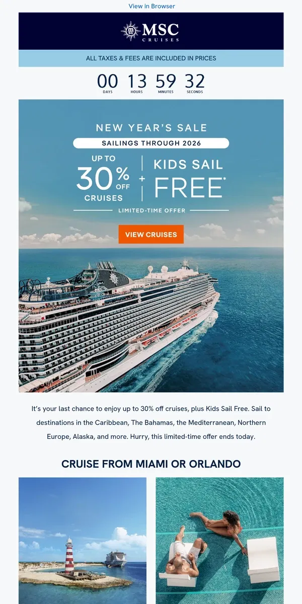 Email from MSC Cruises. [Name], Our New Year's Sale Ends Today!