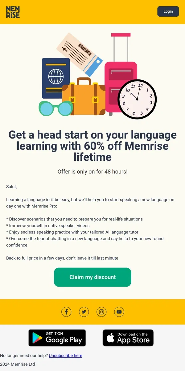 Email from Memrise. New offer: 60% Lifetime Pro to have better travel experiences