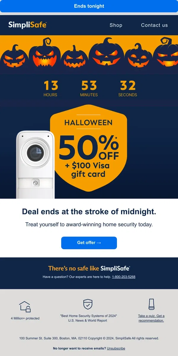 Email from SimpliSafe. Today only: snag a scary-good Halloween deal