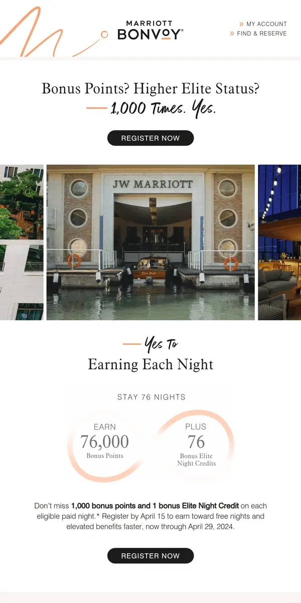 Email from Marriott Bonvoy. Don't Miss Out: Earn Twice Each Night, [Name]