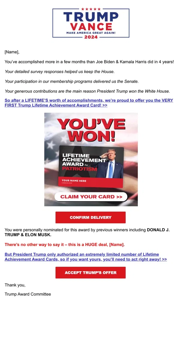 Email from Donald J. Trump. Elon Musk & President Trump already won the Lifetime Achievement Award