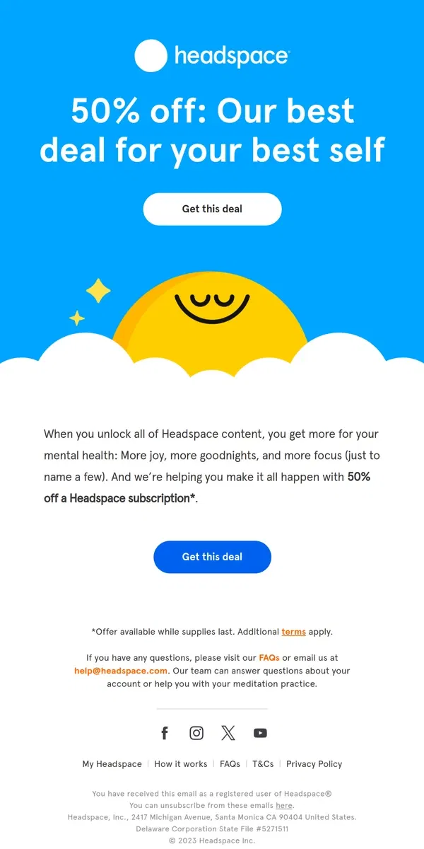 Email from Headspace. Our best price for happier days