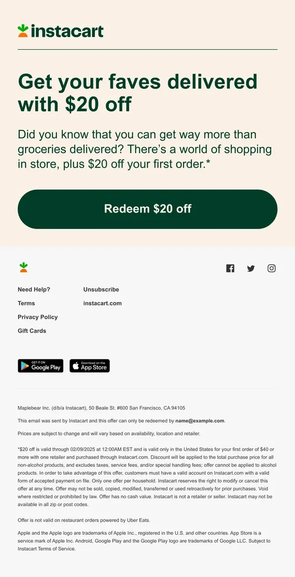 Email from Instacart. 🎉 Get $20 off your first order!