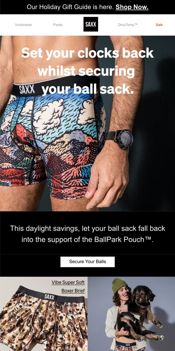 Email from SAXX Underwear. Adjust the clock, not your rocks