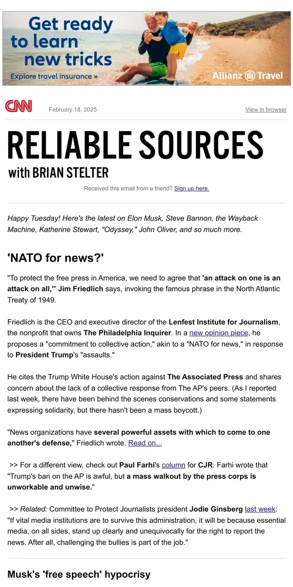 Email from CNN. 'NATO for news' idea; Musk's hypocrisy; today's new releases; 'Odyssey' first look