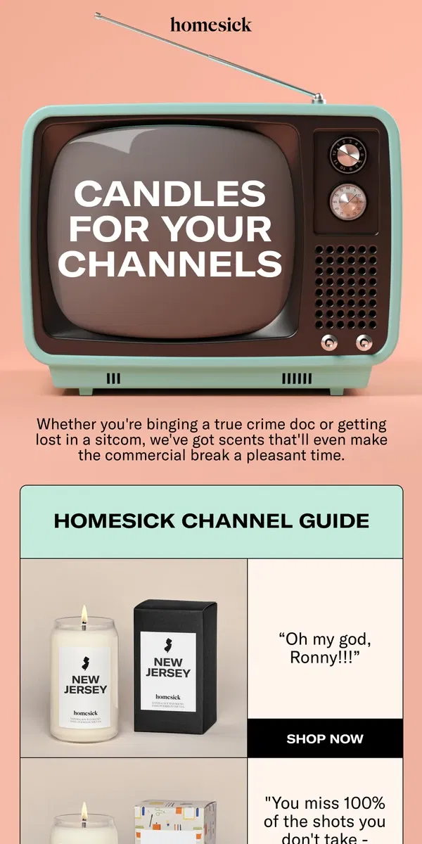 Email from Homesick Candles. TV Show + Candle Pairings 🕯️📺