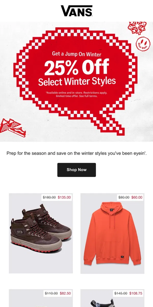 Email from Vans. SAVE ON WINTER WEAR