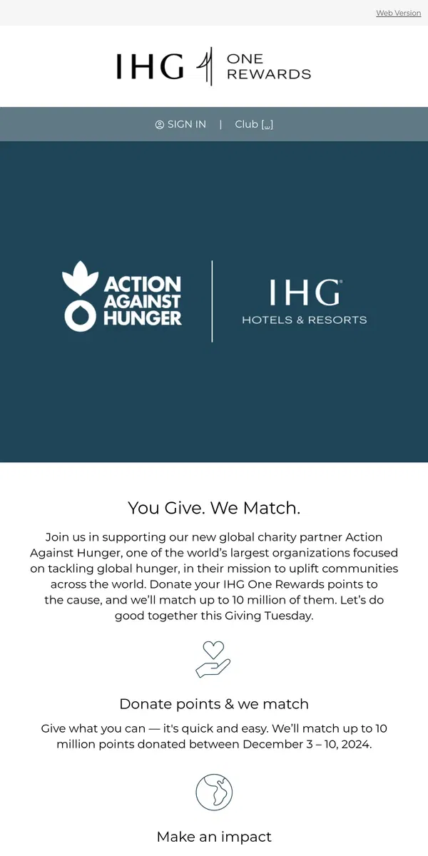 Email from IHG Hotels & Resorts. Introducing our new global charity partner ✨