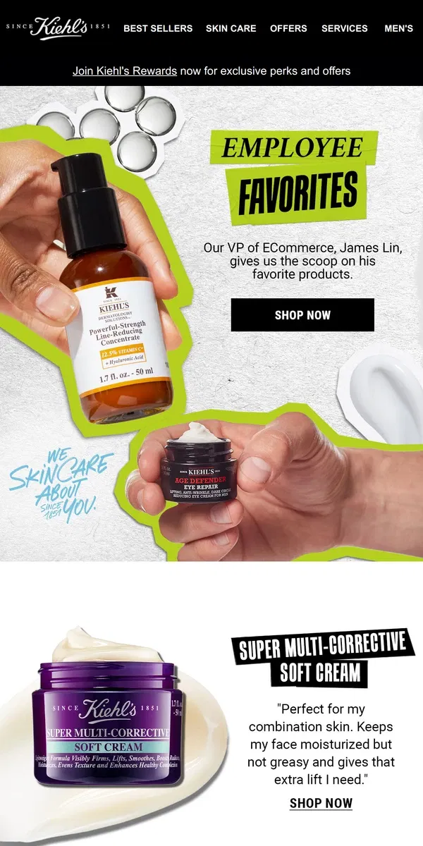 Email from Kiehl's. Employee Favorites💖