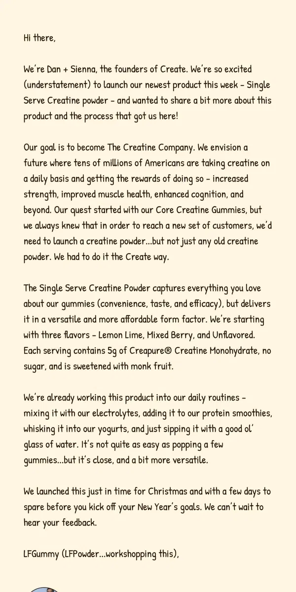 Email from Create Wellness. About our New Product