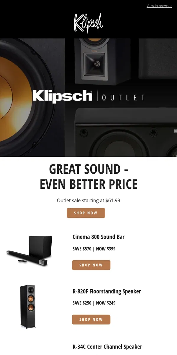 Email from Klipsch. OUTLET SALE | Rock N' Roll For Less