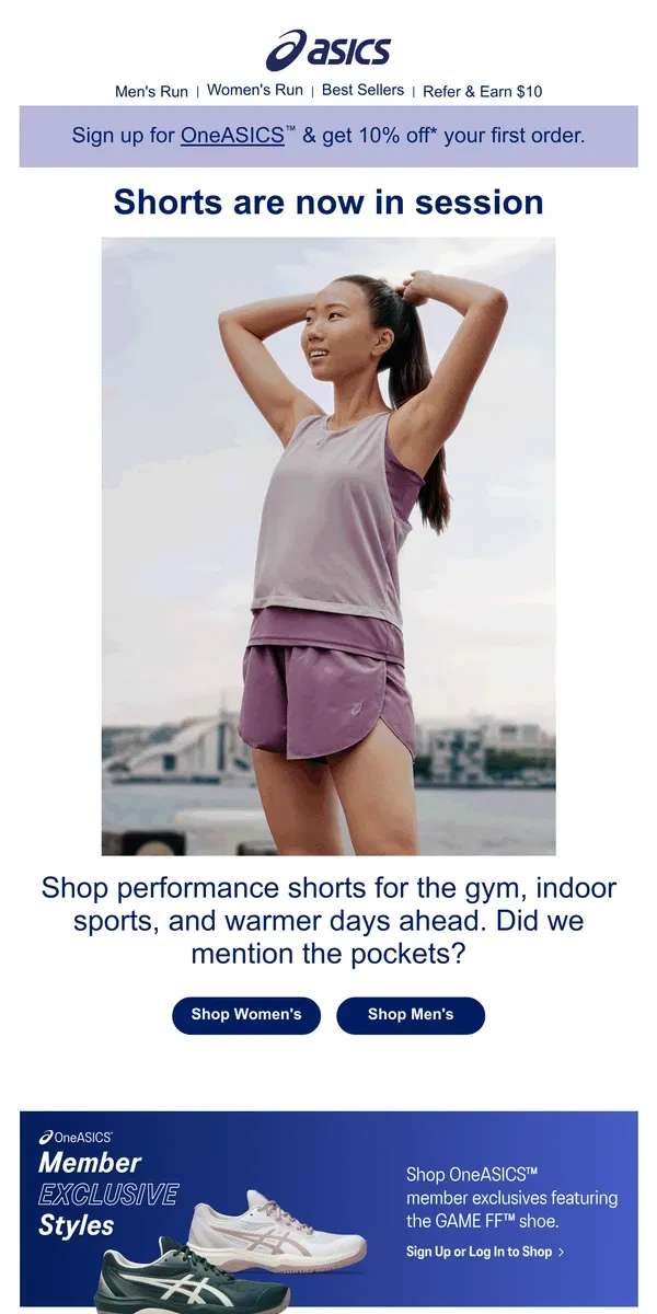 Email from ASICS. Meet our shorts