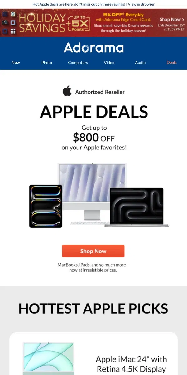 Email from Adorama. Your Favorite Apple Devices—iMacs, MacBooks & More Up to $800 OFF!