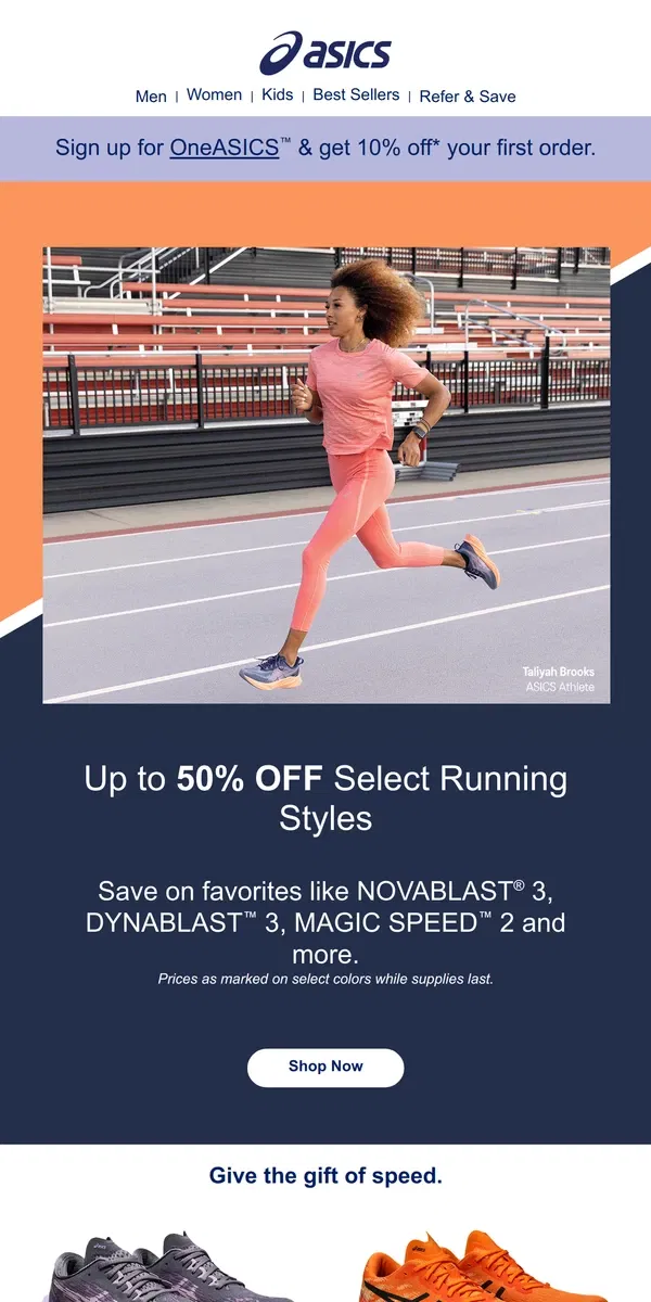 Email from ASICS. Up to 50% OFF gifts for runners 🏃🎁