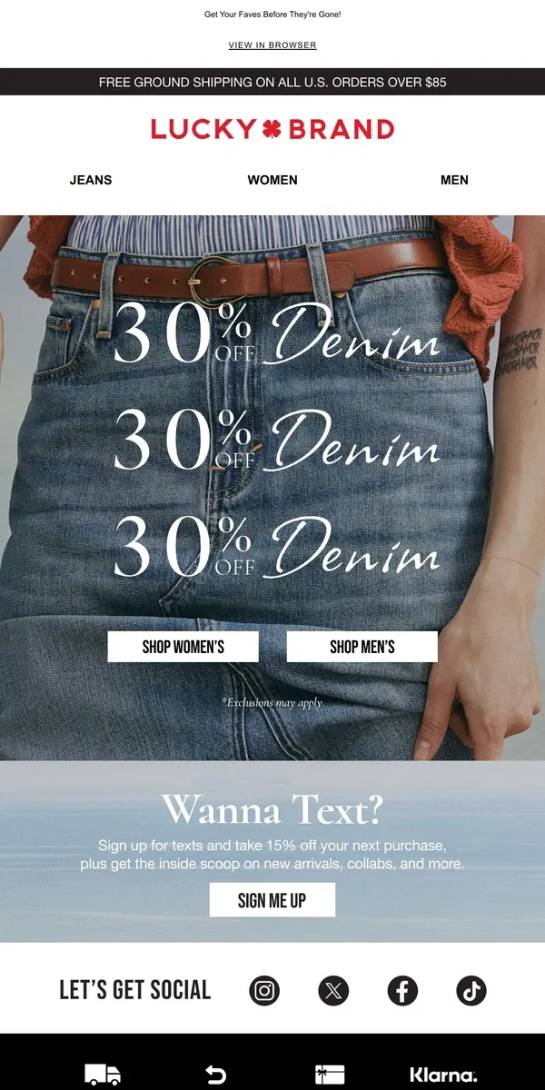 Email from Lucky Brand. Sale Alert: 30% Off Denim!!