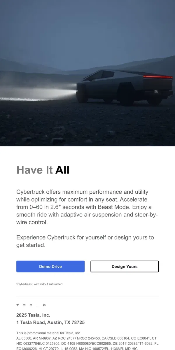 Email from Tesla. Rugged Exterior, Comfortable Interior