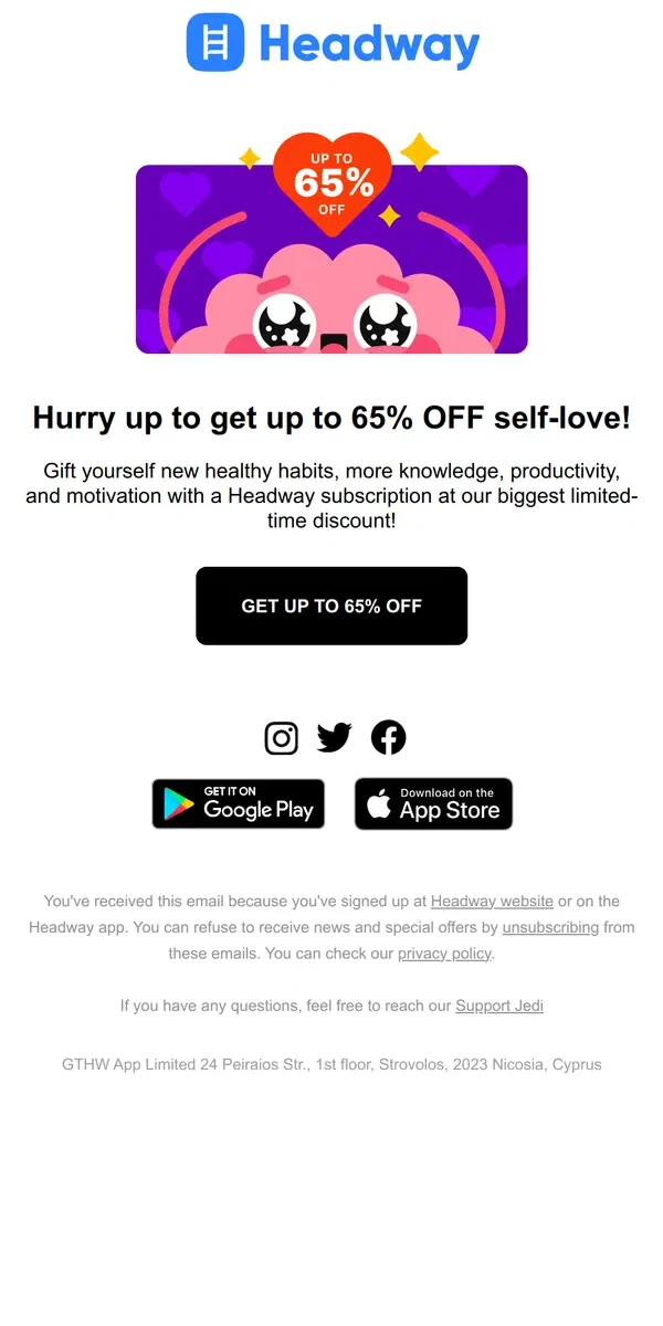 Email from Headway. 😍 Falling in love with yourself! Grow into the best version of yourself with up to 65% off