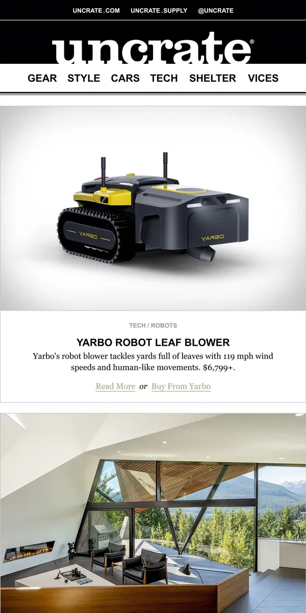 Email from Uncrate. Yarbo Robot Leaf Blower & more