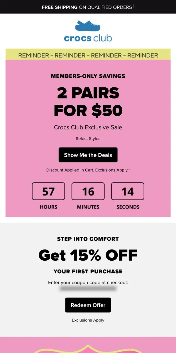 Email from Crocs. Don’t Miss Crocs Club 2 pairs for $50 ‼️