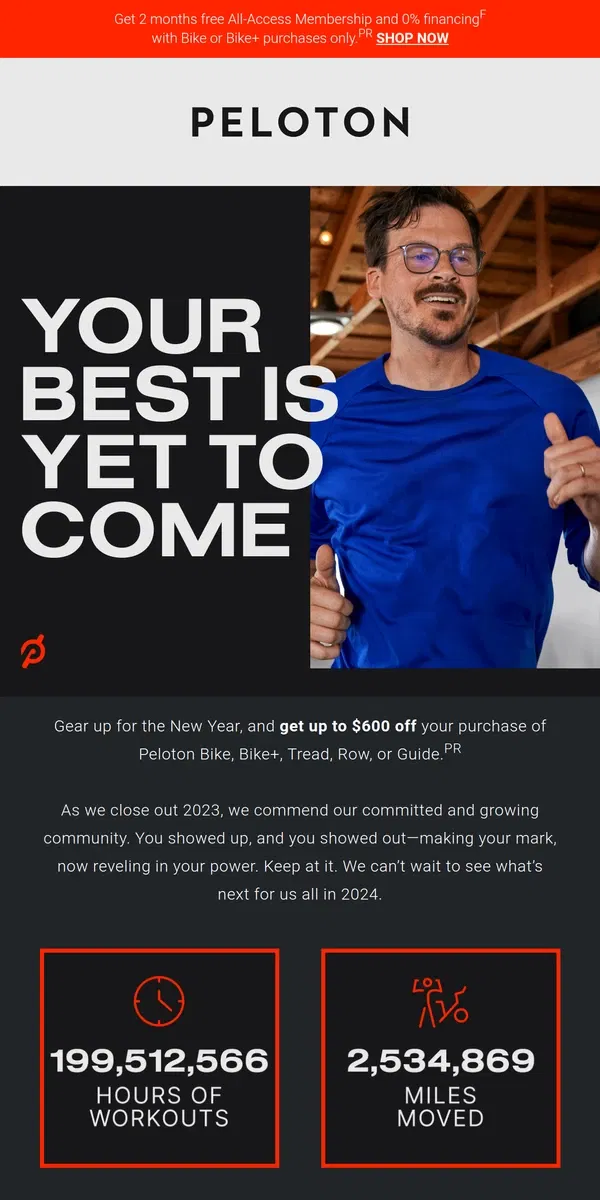 Email from Peloton. Get ready for another year of "Yes. You. Can."