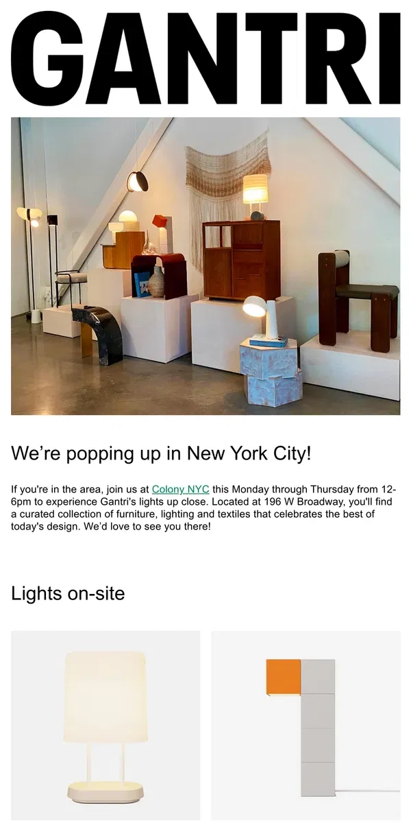 Email from Gantri. See Gantri's lights in NYC this week!