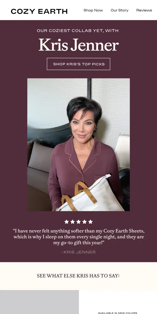 Email from Cozy Earth. KRIS JENNER x COZY EARTH 💛