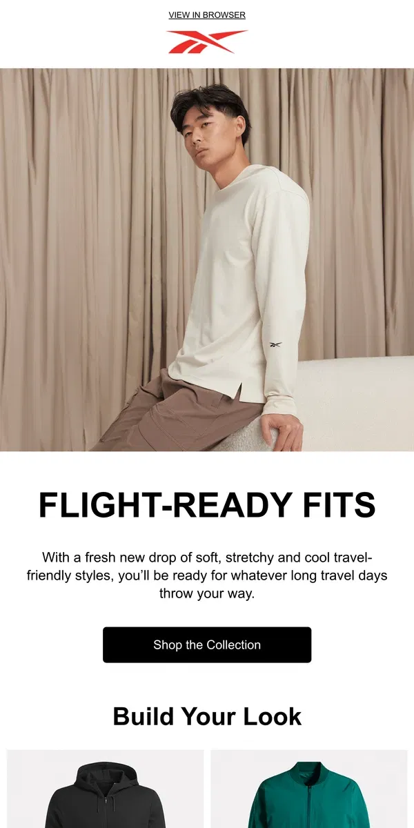 Email from Reebok. Land in style with comfy flight-ready fits ✈️✨