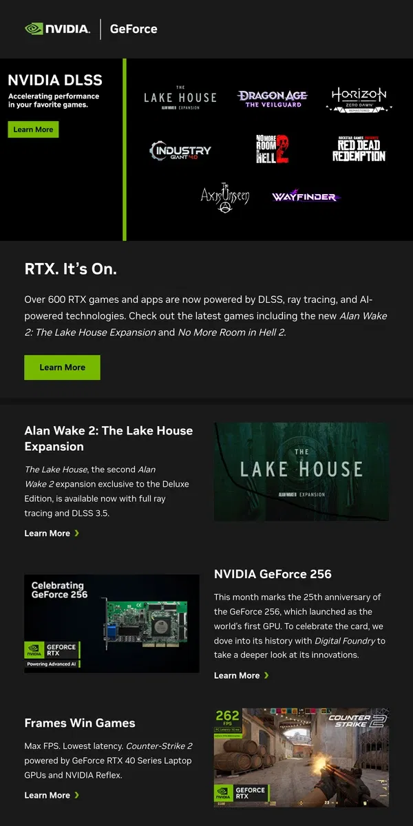 Email from NVIDIA. Alan Wake 2: The Lake House Expansion is RTX On and 25th Anniversary of the GeForce 256