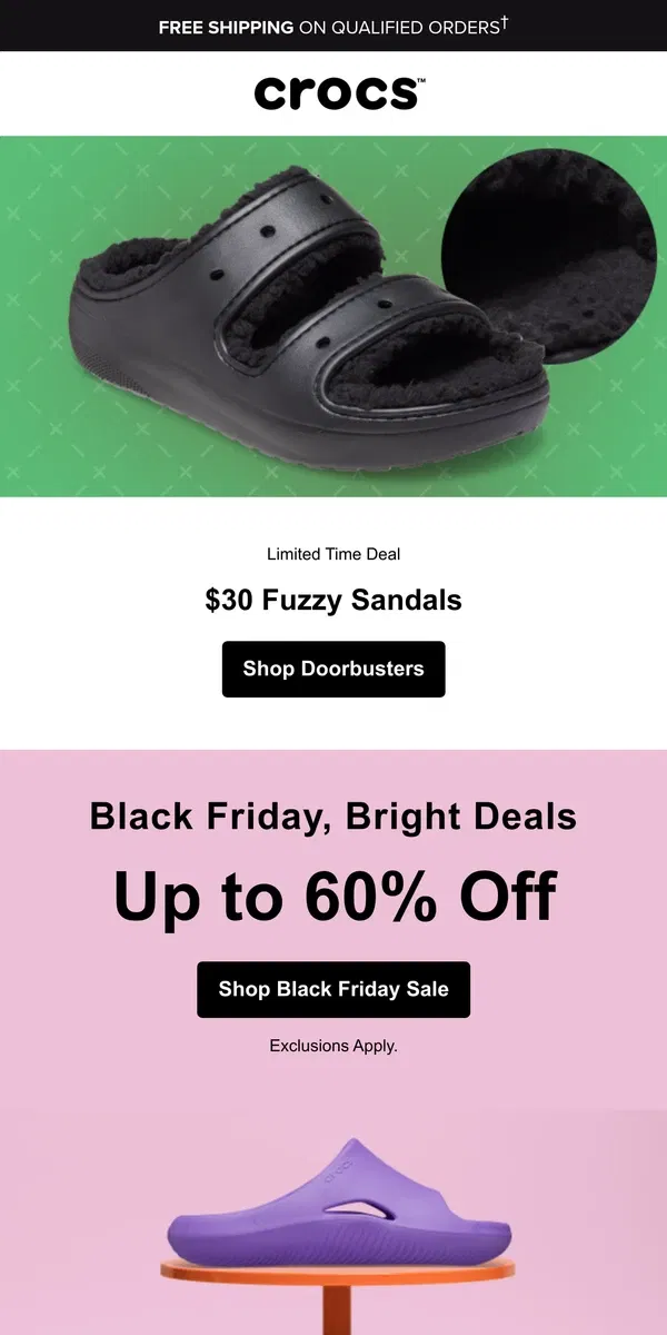 Email from Crocs. ⭐ Pick up fuzzy sandals for $30! ⭐