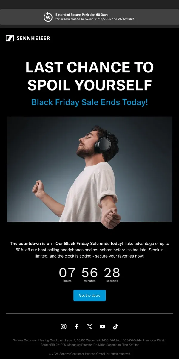 Email from Sennheiser. FINAL HOURS: Up to 50% Off Ends Today