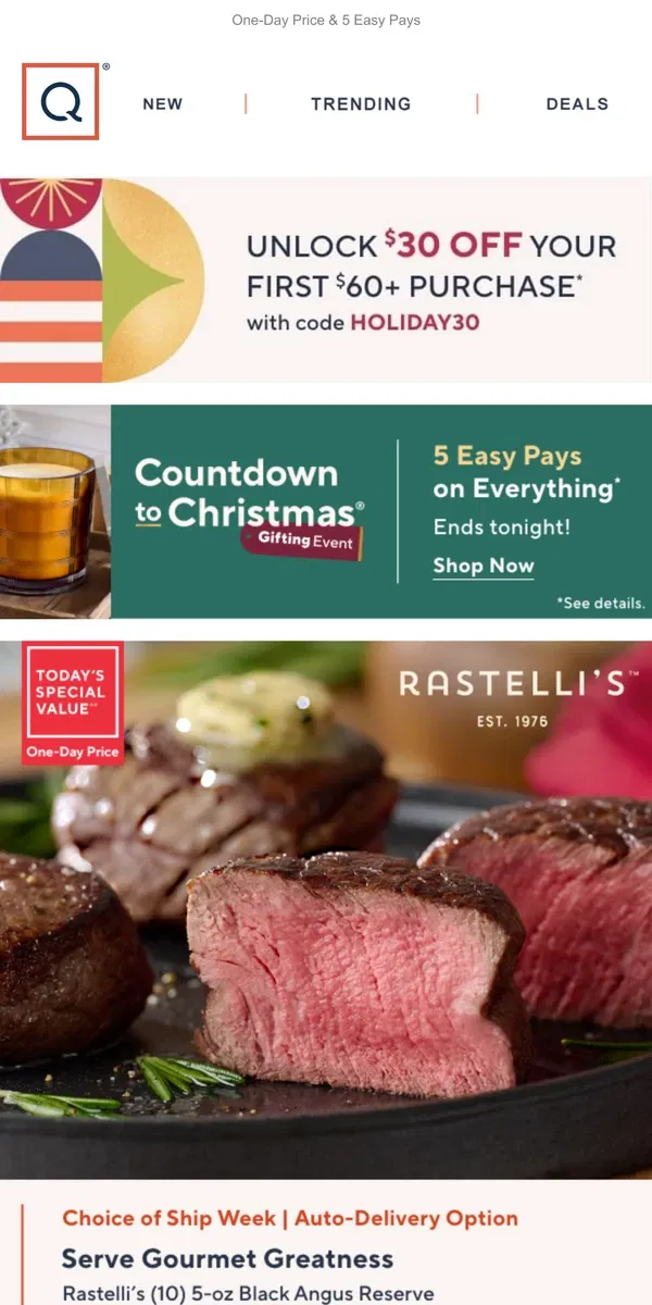 Email from QVC. Take $30 Off + Filet Mignon Is on the Menu