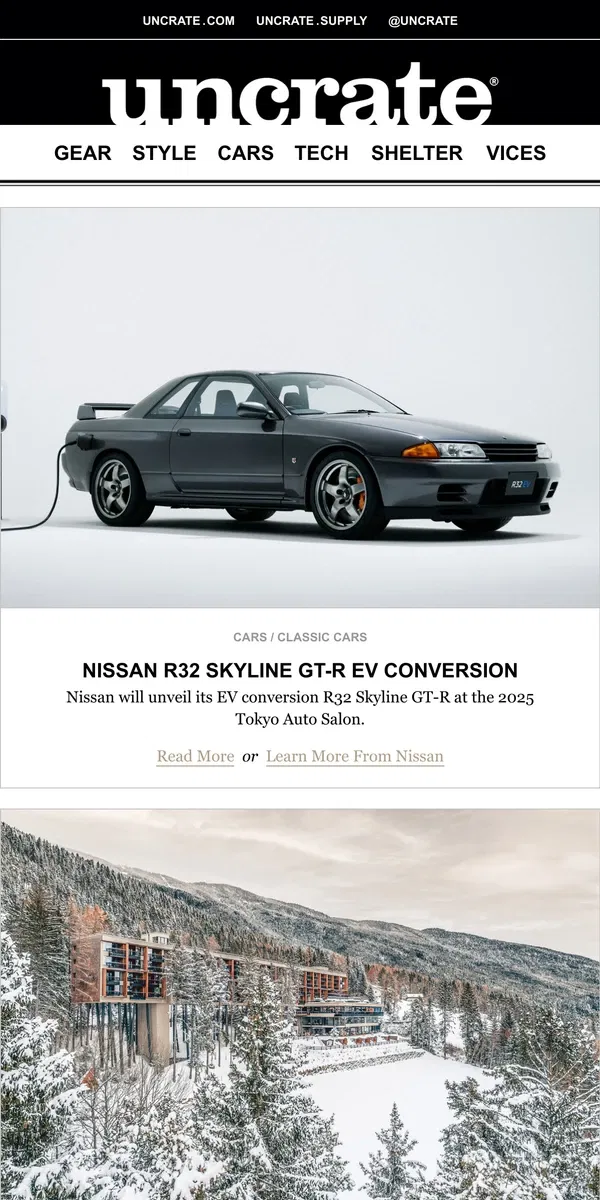 Email from Uncrate. Nissan R32 Skyline GT-R EV Conversion & more