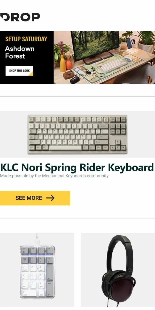 Email from Drop. KLC Nori Spring Rider Keyboard, Magicforce 21-Key Mechanical Numpad V2, MU By Chan Purpleheart Headphones and more...