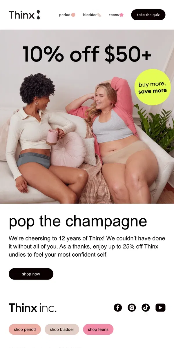 Email from Thinx. Celebrate & save 🥂