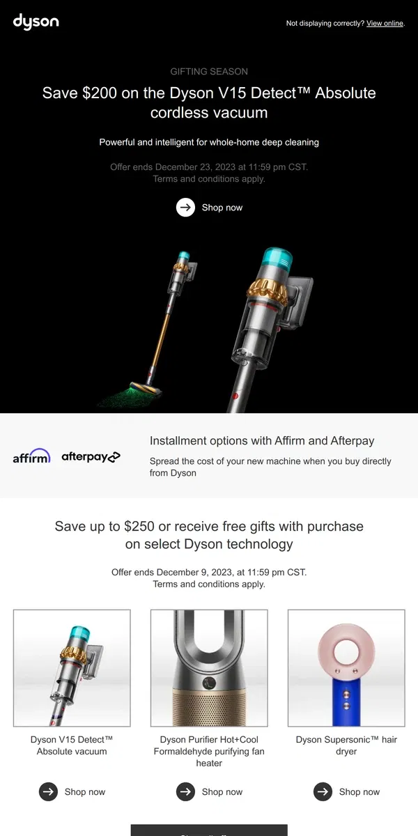 Email from Dyson. Limited time offer. Save $200 on the Dyson V15 Detect Absolute cordless vacuum.