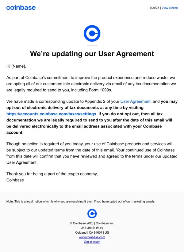 Email from Coinbase. We’re updating our User Agreement