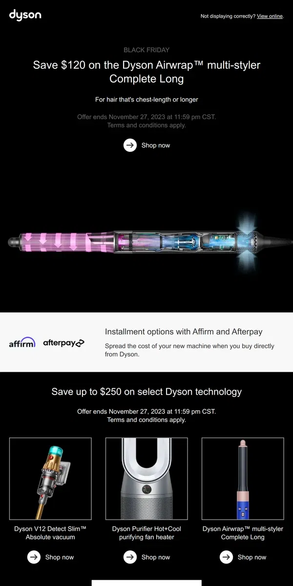 Email from Dyson. Black Friday Savings. Save $120 on select Dyson hair care technology.