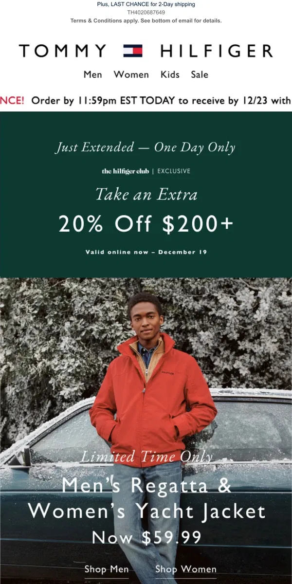 Email from Tommy Hilfiger. SURPRISE! 20% off $200+ on for 1 extra day!