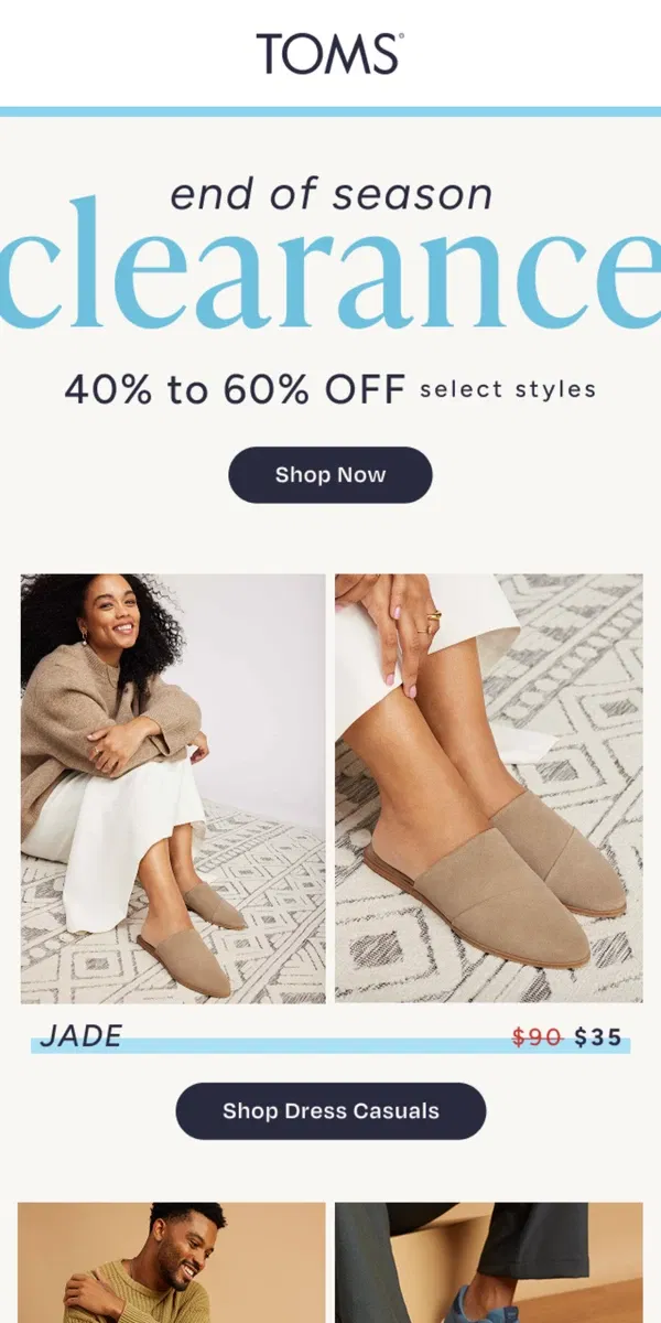 Email from TOMS. Winter Boots to Summer Sandals—Up to 60% Off